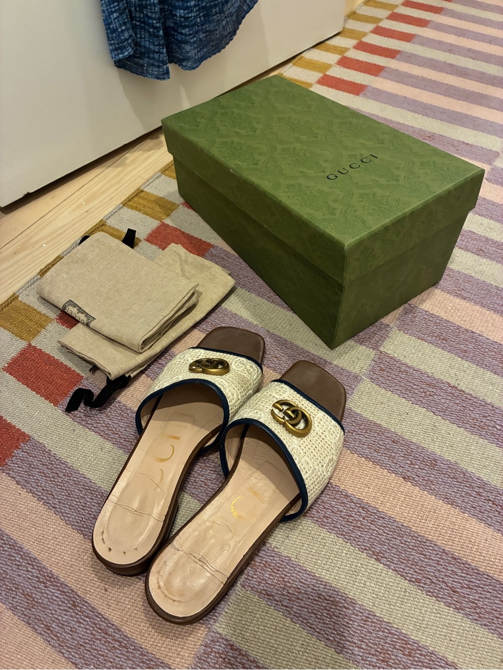 Gucci Cream Woven Slide Mules with Navy Trim and Gold Double G
